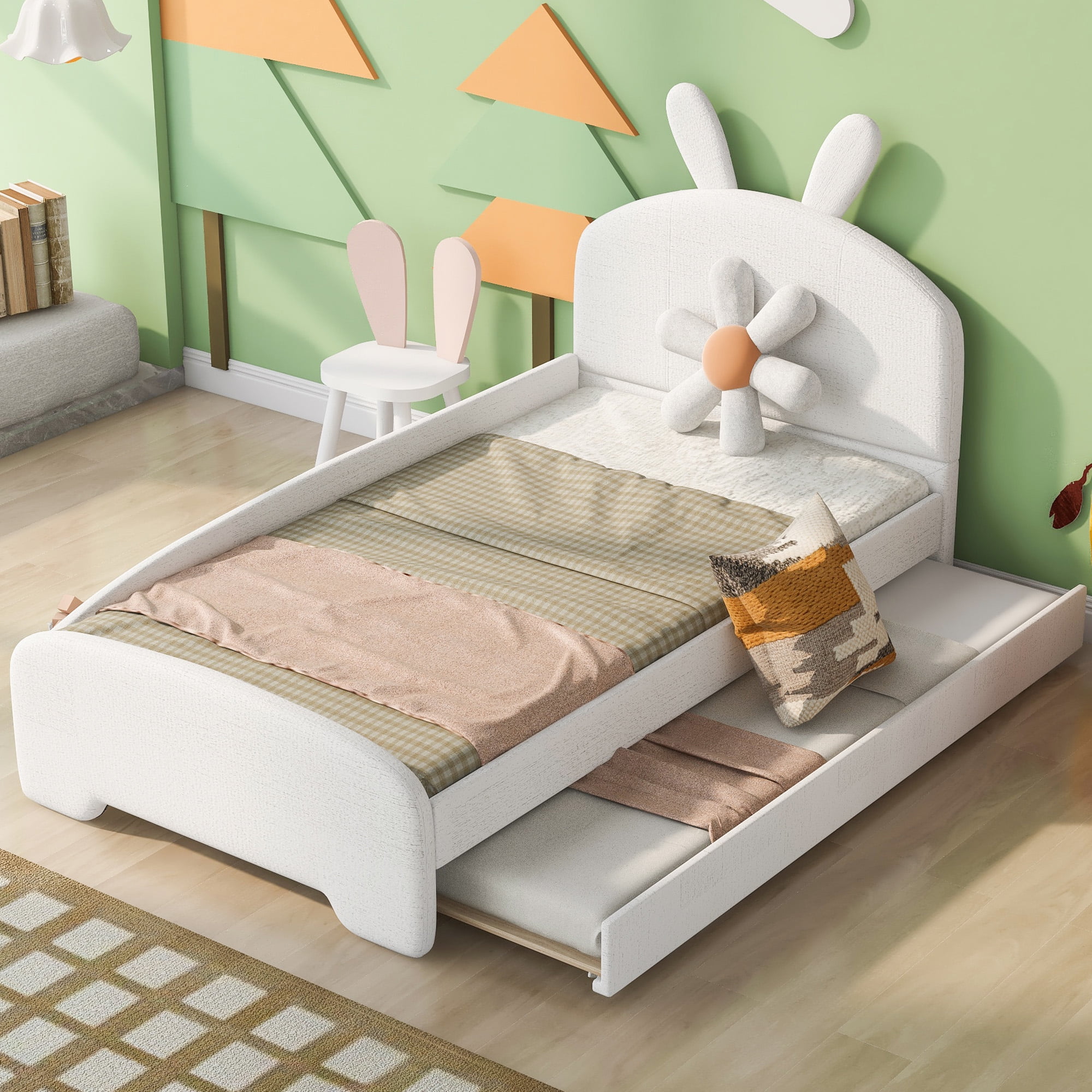 Aukfa Twin Size Upholstered Platform Bed with Trundle and Bunny Ears Headboard for Kids Girls, White