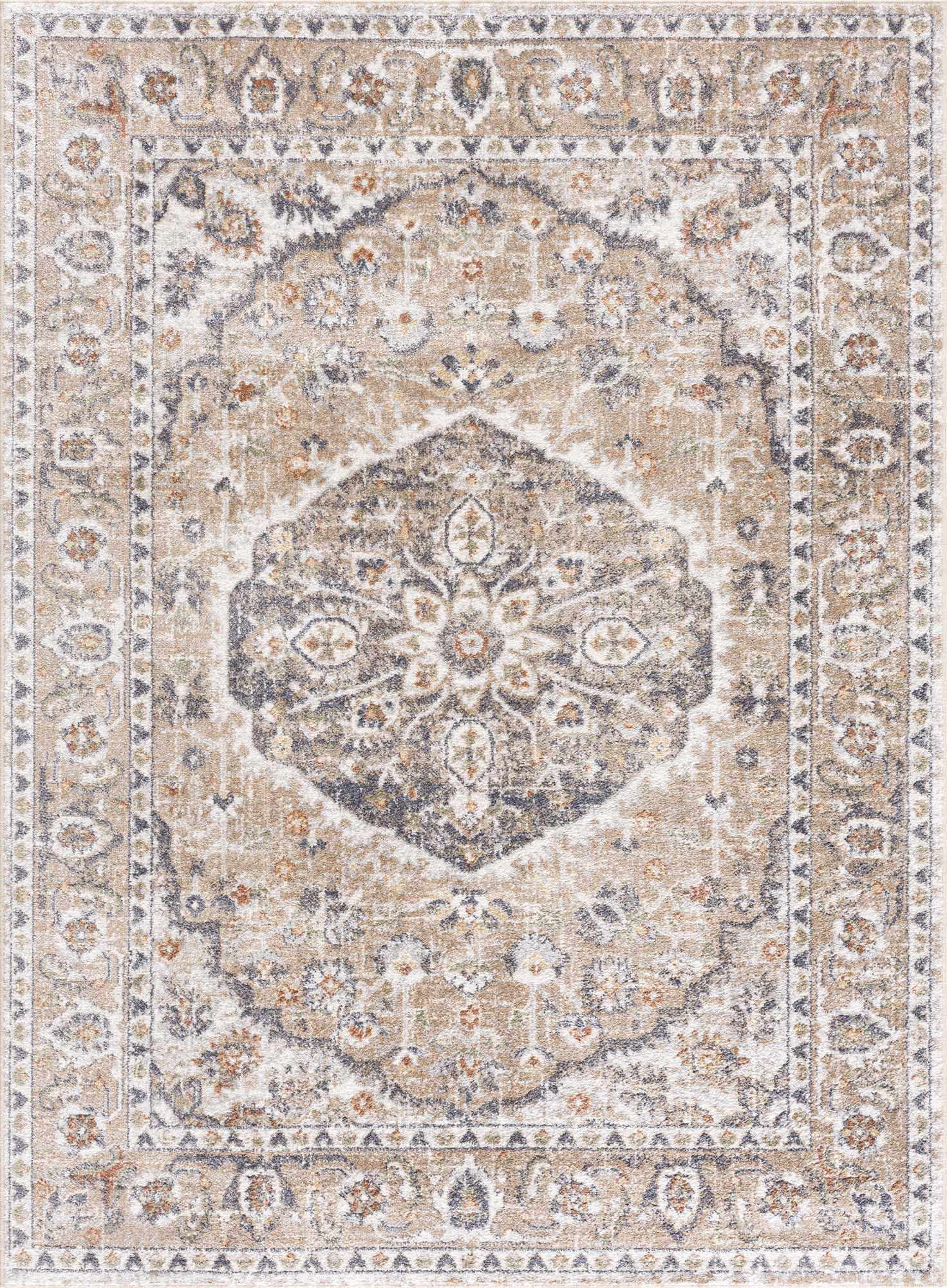 Hauteloom Hiti Living Room, Bedroom Machine Washable Area Rug - Traditional Oriental Medallion Carpet - Brown, Black, Cream - 7'10" x 10'