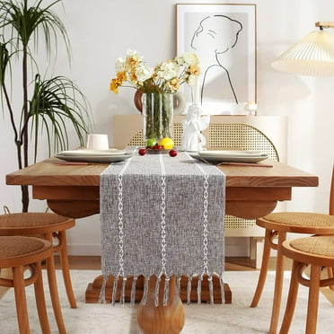 Rustic Farmhouse Style Linen Table Runner, Boho Embroidered Table Runners 90 inches Long with Tassels for Holiday Party and Dining Room Dresser Decor, 13 x 90 inch - Ivory