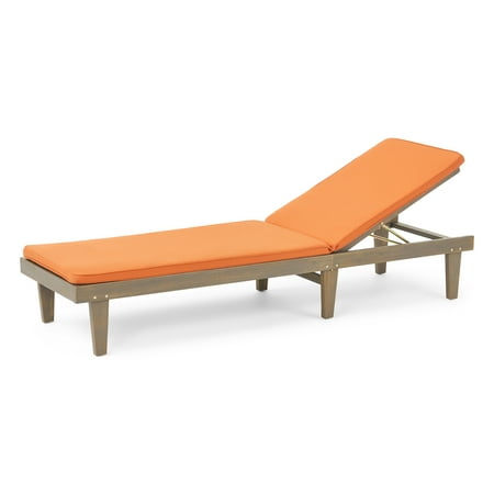 Noble House Maddison Outdoor Acacia Wood Chaise Lounge and Cushion Set Gray and Rust Orange