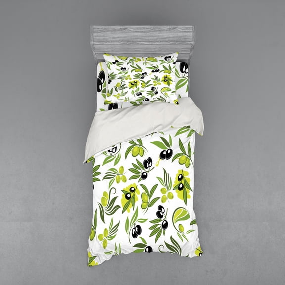 Ambesonne Botanical Bedding Set 3 Pcs, Fresh Olive Branches Art, Twin, Green White and Charcoal Grey