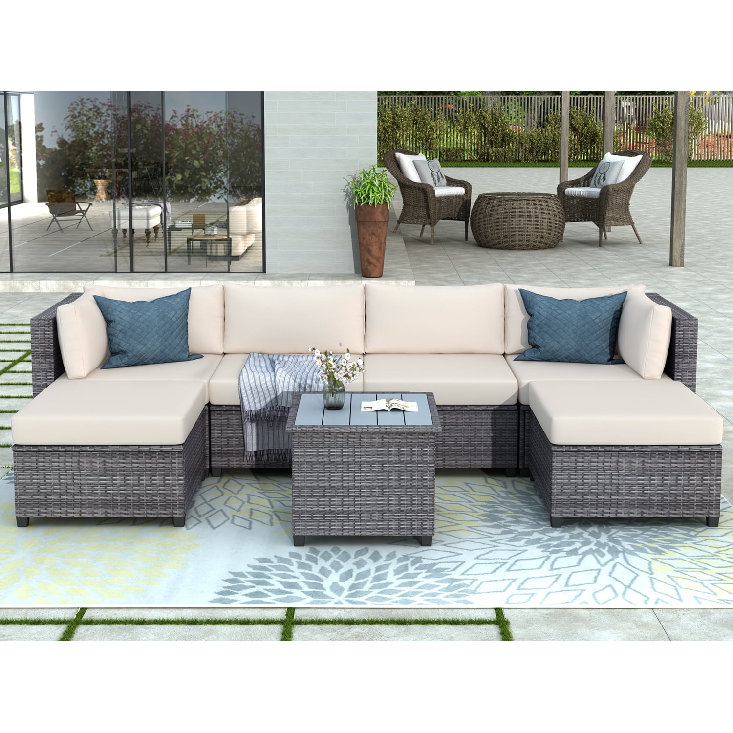 Kadyn 7 Piece Rattan Sectional Seating Group, Outdoor Conversation Sofa Set, Outdoor Ratten Sofa NEW with Cushions and Table, Beige