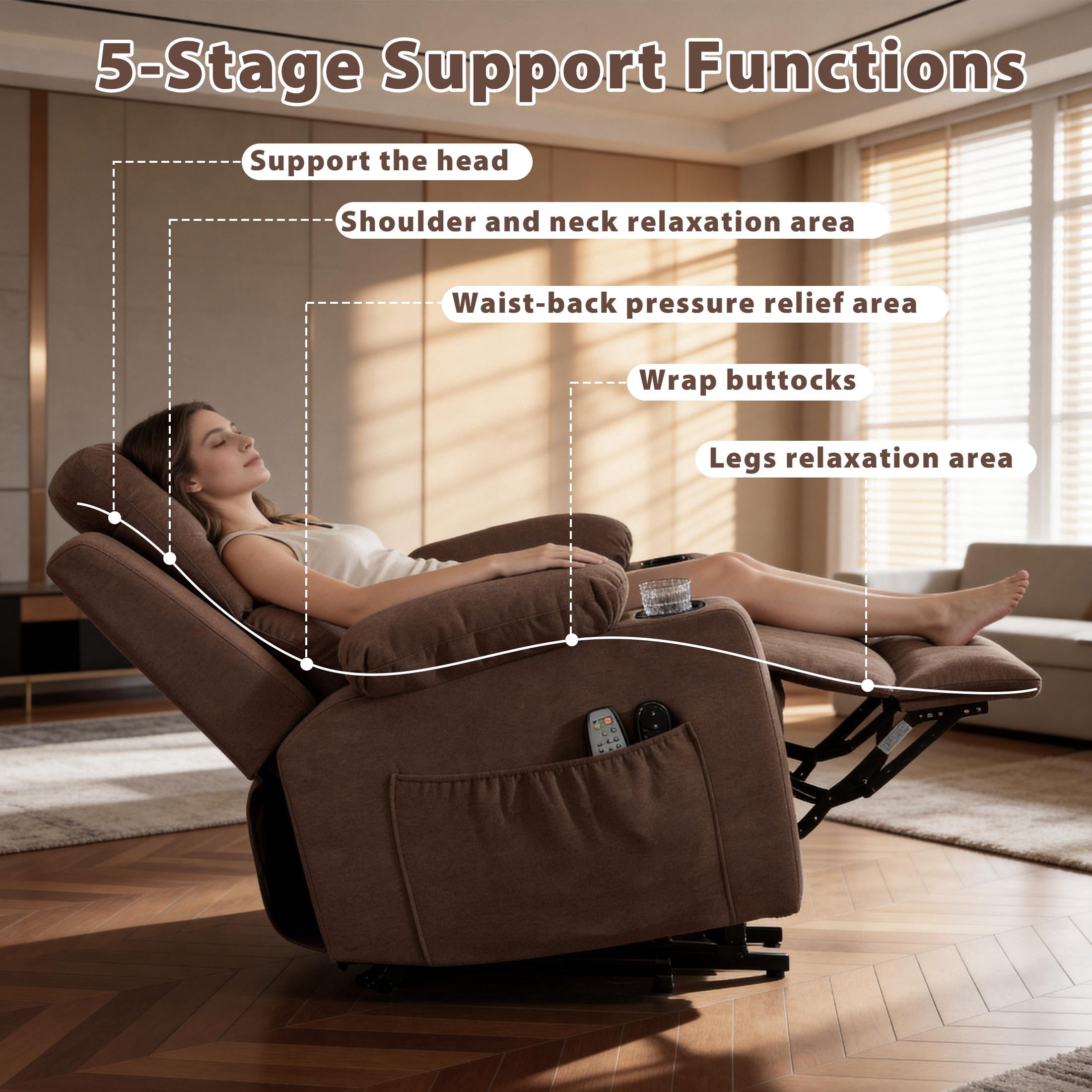 HSUNNS Power Lift Recliner Chair for Elderly, Oversized Lift Chair with Heat & Massage, 350 lb Capacity Electric Recliner with 160° Infinite Position, Side Pocket for Living Room, Brown