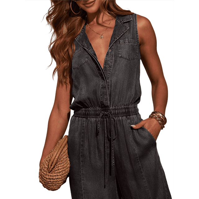 Women's Denim Scoop Neck Sleeveless Drawstring Waist Jumpsuits Overall Rompers