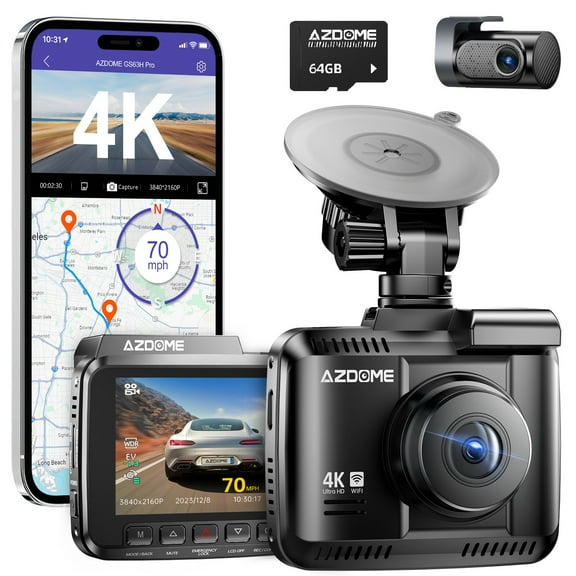 AZDOME Dash Cam Front and Rear, 4K 1080P Dual Dash Camera for Car, Dashboard Camera Built-in WiFi GPS, Free 64GB Card, Motion Detection, 24H Parking Mode, WDR Night Vision