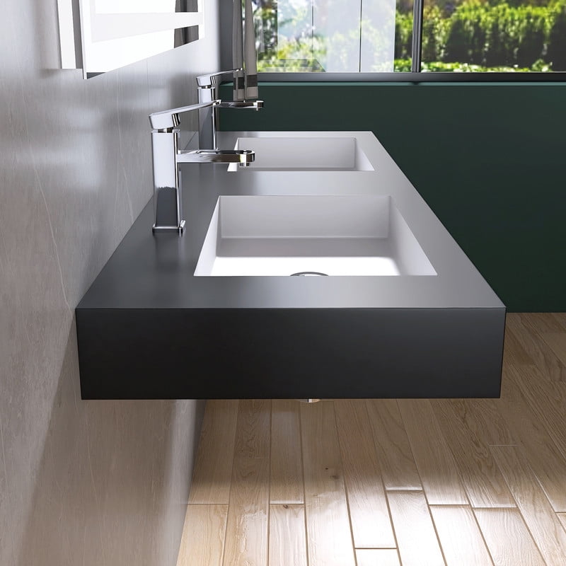 MEDUNJESS 59" Wall Mounted Double Basins Sink Solid Surface Rectangular Bathroom Sink with Faucet Hole，White interior, Black exterior