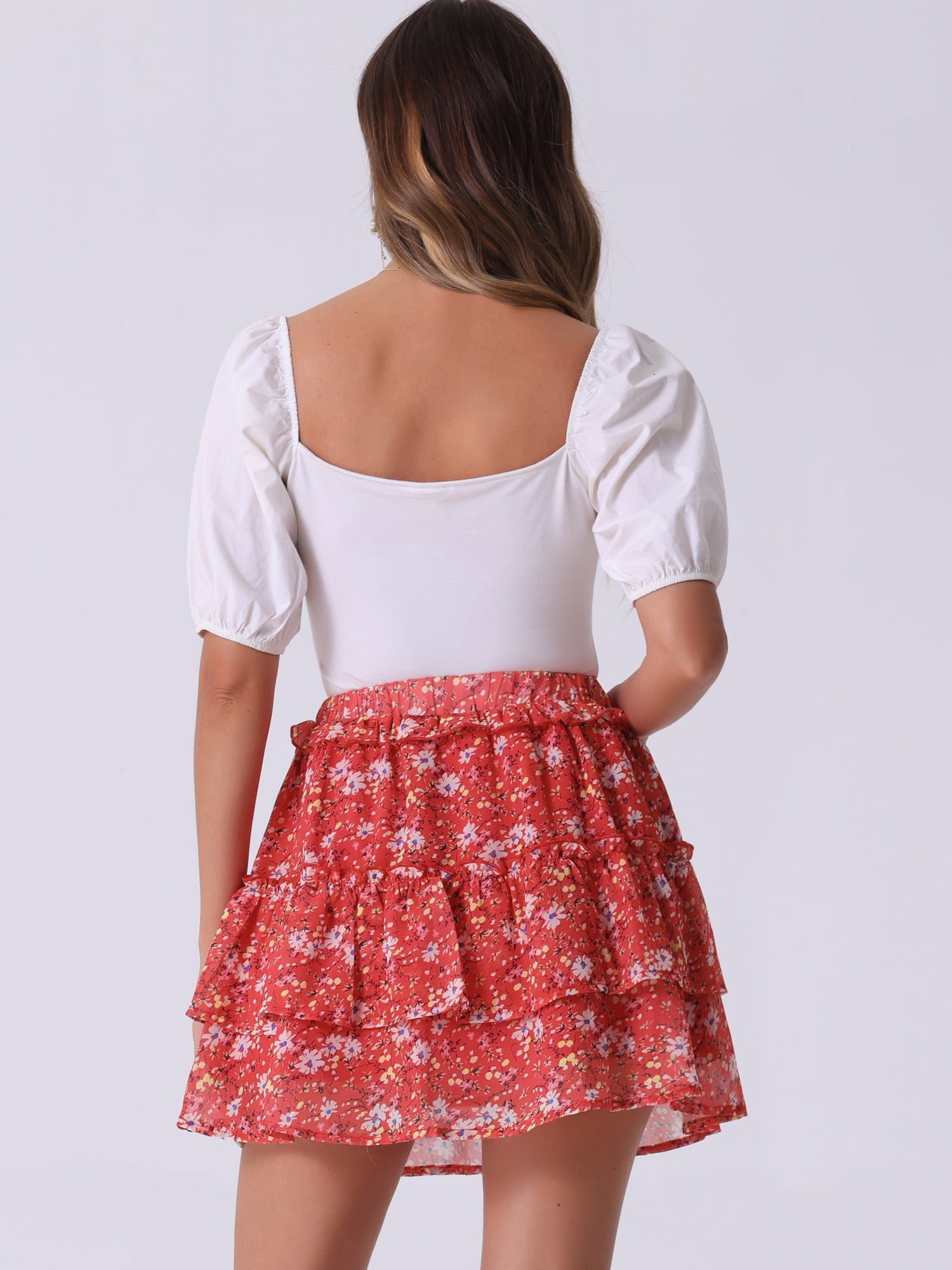 DARING DIVA Women's Elastic Waist A-Line Layered Ruffle Floral Mini Skirt S Red