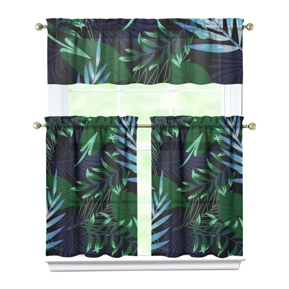 Hawaii Tropical Flower Kitchen Curtains 3PCS, 27.5x36in Polyester Leaf and Botanical Tier and Valance for Window Drapery Decor