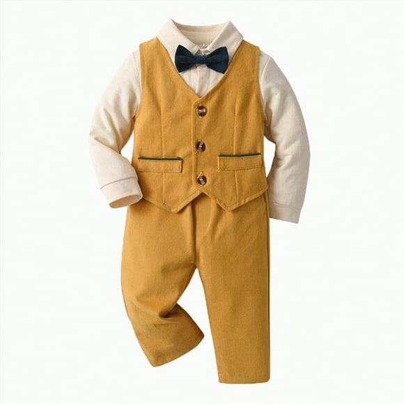 Zanarzt Baby Boy Christmas Outfit Boys Long Sleeve Shirt Romper Bodysuit Pants Coat with Tie 4pcs Child Kids Gentleman Outfits Yellow,12-18 Months