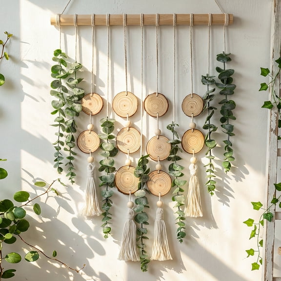 Klamerit Artificial Eucalyptus Wall Decor Hanging, Boho Bathroom Wall Decor, Fake Greenery Leaves Stems with Wood Slices Tassels on 16.5" Stick