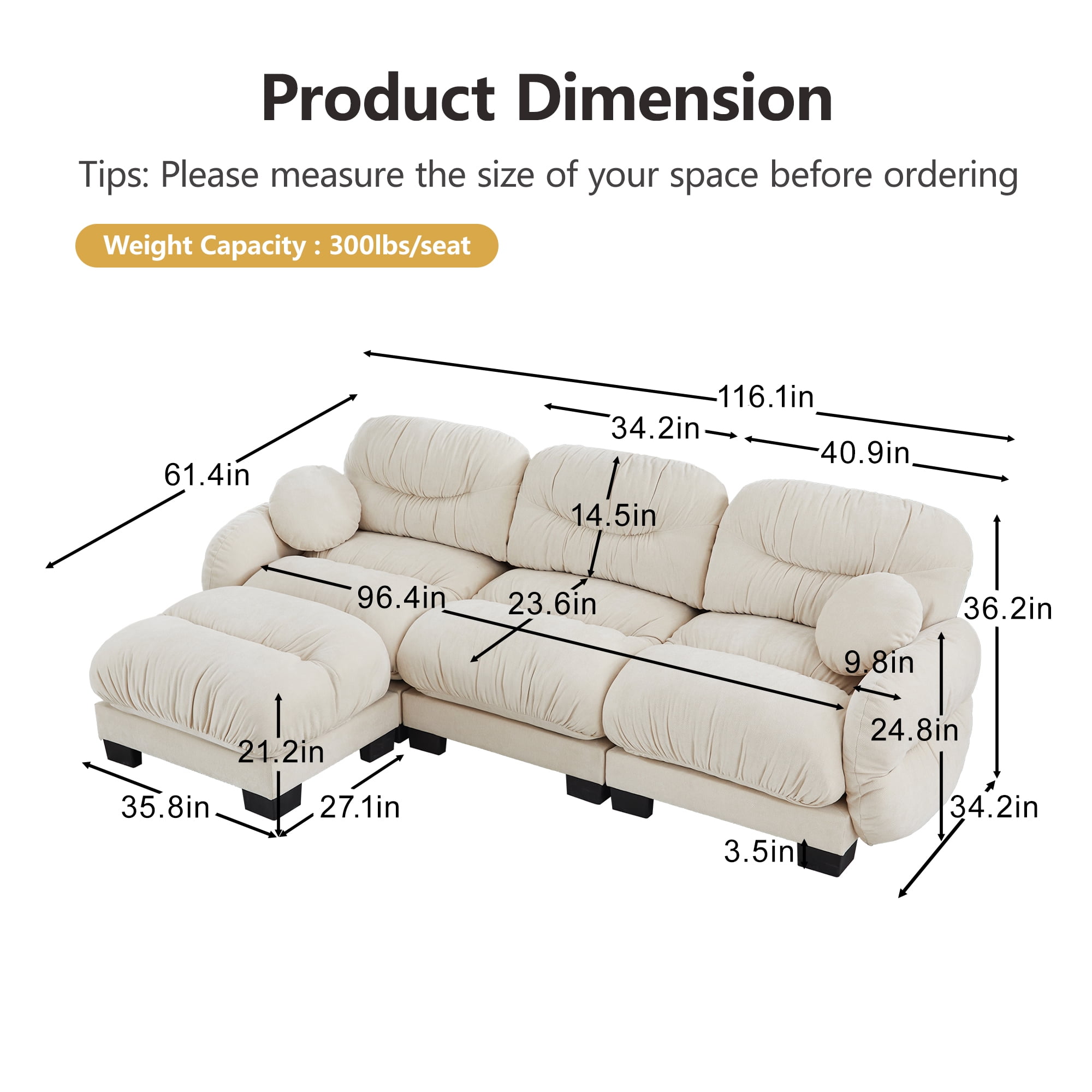 116" 3 Seater Sectional Couch Cozy Chenille Modular Sofa with Ottoman and 2 Throw Pillows