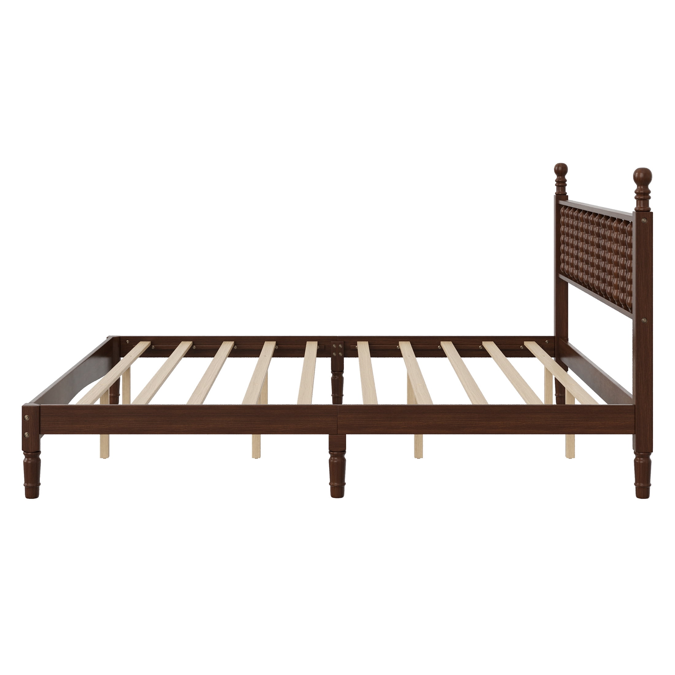 Noble House King Size Wood Platform Bed with Gourd-Shaped Headboard, Retro Style Bed with Wooden Slat Support, Walnut