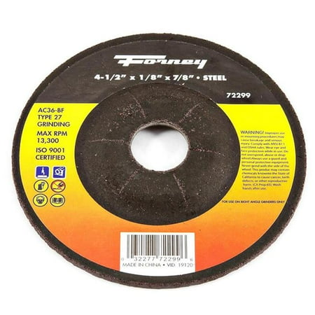

Forney 2007486 4.5 in. Dia. x 0.12 in. Thick x 0.87 in. Grinding Wheel