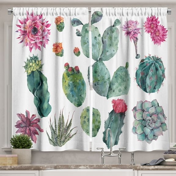 Nature Curtains 2 Panels Set, Desert Botanical Herbal Cartoon Style Cactus Plant Flower with Spikes Print, Window Drapes for Living Room Bedroom, 55W X 39L Inches, Green and Pink, by Ambesonne