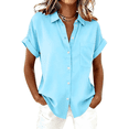 thumbnail image 2 of Dweltoz Women Short Sleeve Linen Shirts Button Down Casual T-Shirts Loose Fit Blouses Business Work Solid V-Neck Clothes with Pockets,Blue S, 2 of 6
