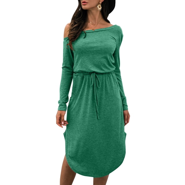Vestido de un hombro para mujer Vestido a media pierna de manga larga con abertura lateral y cintura Abanopi Verde/Pequeña
