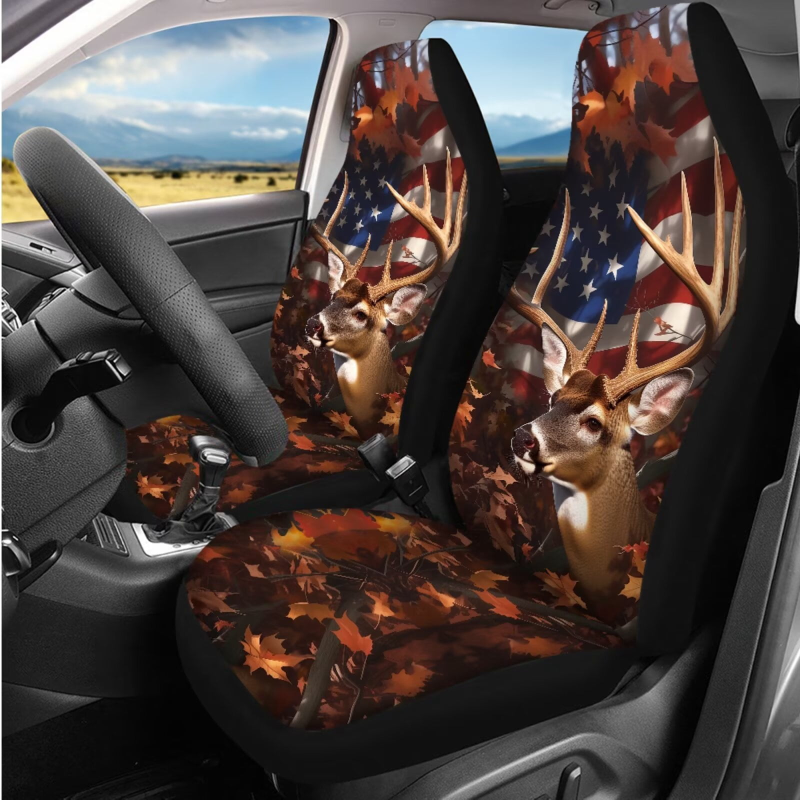 Binienty Deer Hunting Camo Auto Seat Covers Front And Backseat with Patriotic Automotive Steering Wheel Cover Cloth Armrest Cushion Pad Anti-Scratch Seat Headrest Cover 14 Piece Car Interior Decor