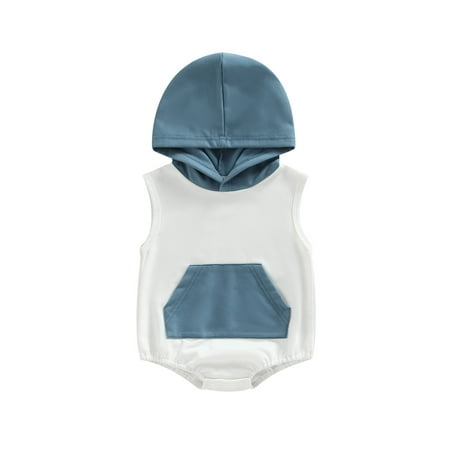 

IZhansean Newborn Baby Boys Girls Summer Clothes Sleeveless Hoodie Romper Bodysuit with Kangroo Pocket Infant Outfits Blue White 0-3 Months