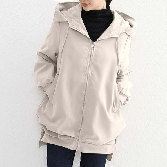 HongQid Women's Jackets Casual Long Sleeve Trench Coat Zip Up Hooded Overcoat with Pockets for Fall Winter