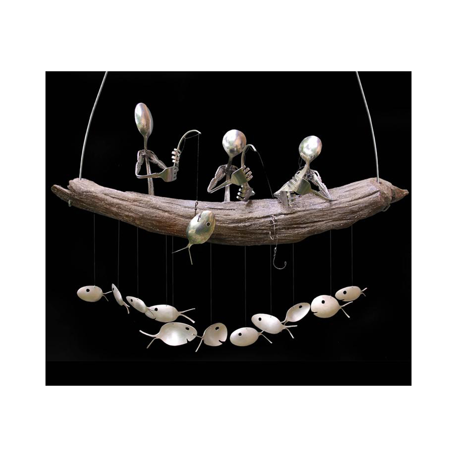 Fishing Man Spoon Fish Sculptures Wind Chime Indoor Outdoor Hanging