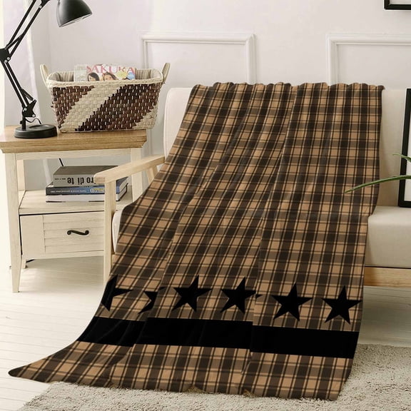 Fleece Blanket Vintage Black Star on Buffalo Checkered Blankets, Soft Cozy Warm Flannel Throw Blanket, Western Farm Blanket for Bed Couch Sofa,40x50In