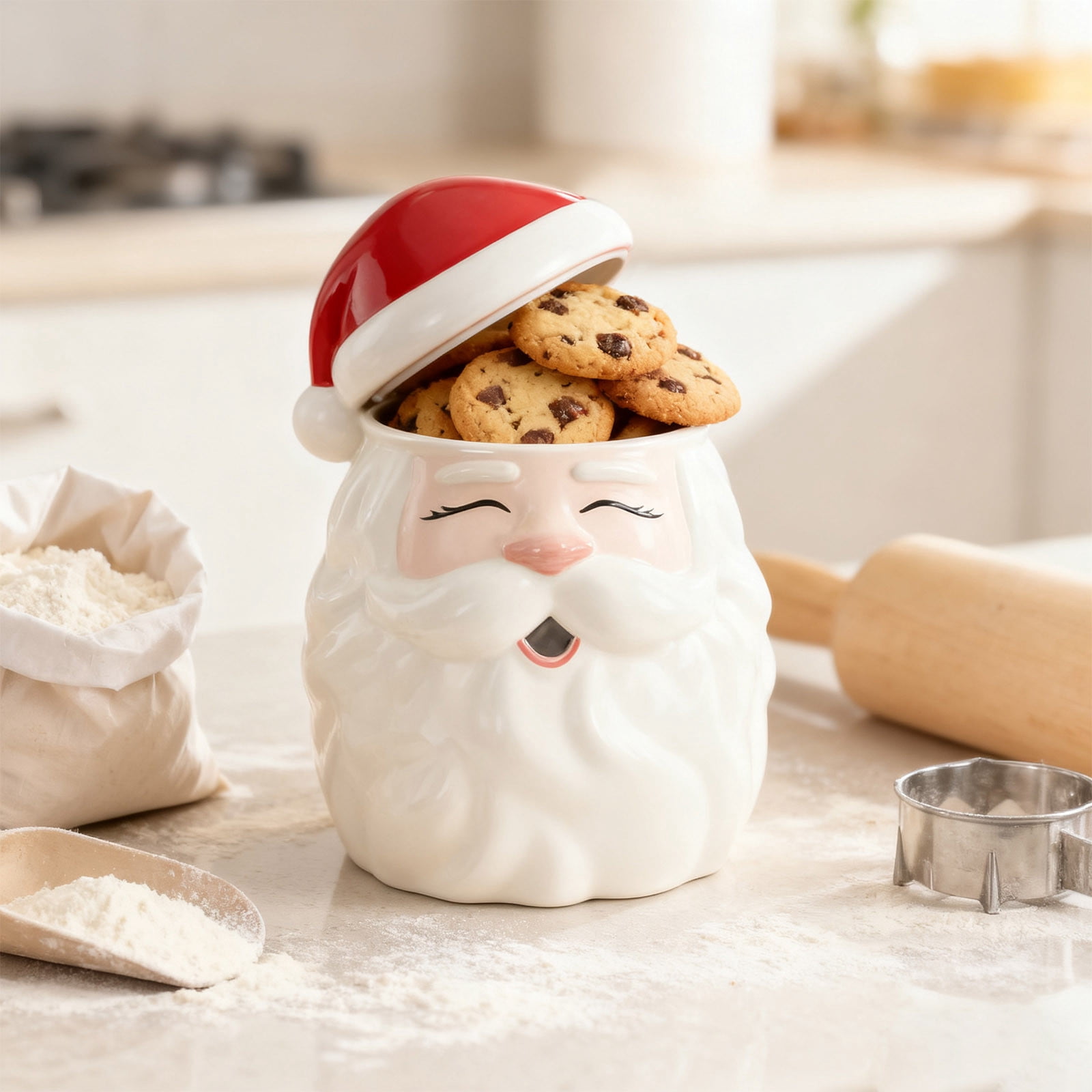Kumdkd Santa Cookies Jar 9.4-Inch Tall Food Storage Container with Airtight Lid, Christmas Themed Santa Claus Resin Cookie Canister for Kitchen Counter, Holiday Decoration and Gift Idea