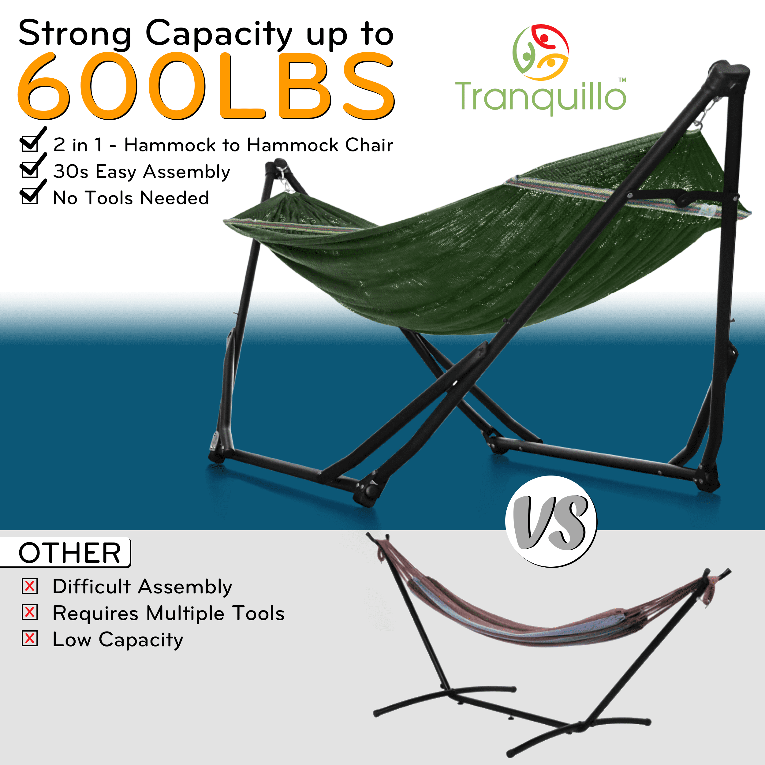 Tranquillo UniGen Hammock/Hammock with Stand for Outside, Double Hammock for 2 Persons Foldable Portable Hammock Stand 600 lbs Capacity/Portable Hammock with Stand Foldable, Moss Green
