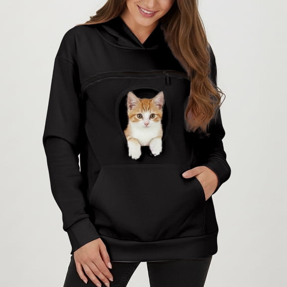 FASHOFT Cat Pouch Hoodies For Women Kangaroo Pocket Dog Pouch Sweatshirts Pet Carrier Pullover Animal Holder Fleece Cute Tops Black L