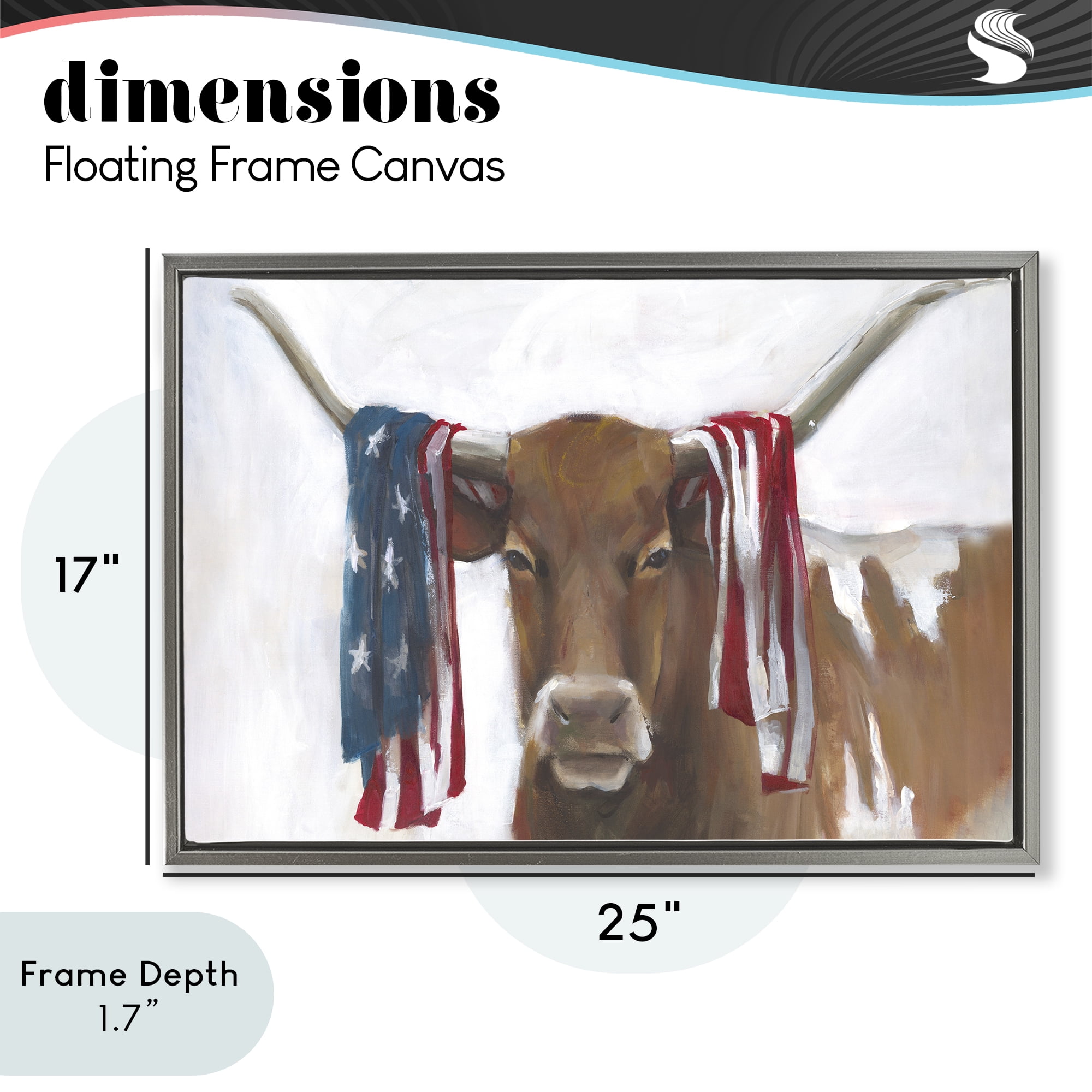 Stupell Industries Patriotic Longhorn with Flag Gray Framed Floater Canvas Wall Art, design by White Ladder