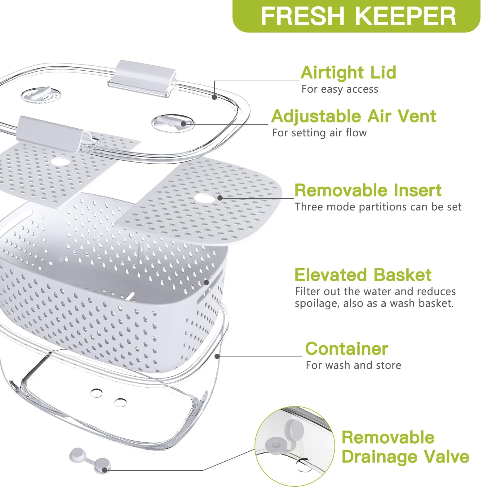 USIONE 3-Piece Fresh Produce Storage Containers - Partitioned Fridge Organizers for Fruits & Vegetables, White
