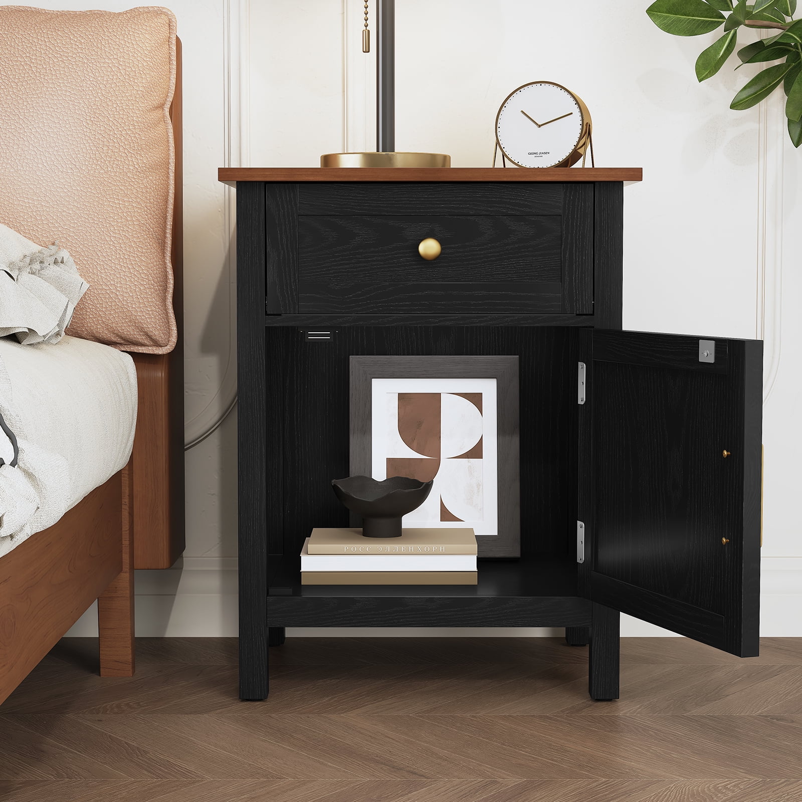 HLR 19" Farmhouse Nightstands Set of 2 with Drawer and Door, Wood Bedside Table End Table for Bedroom, Black