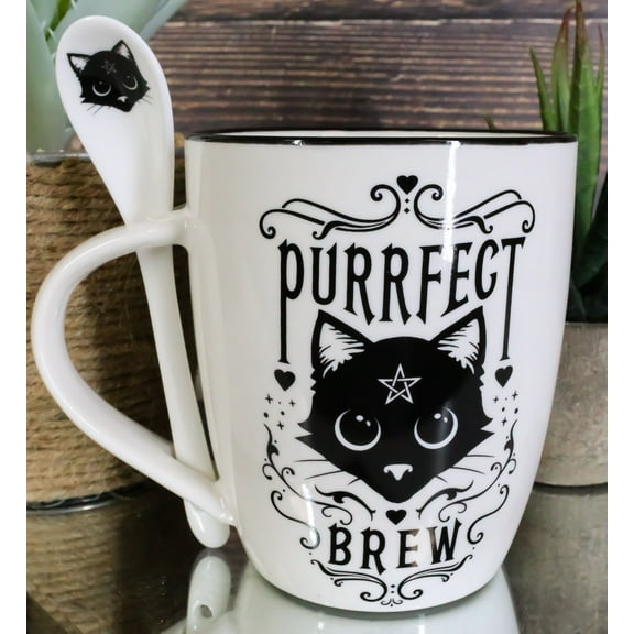 Wicca Sacred Pentacle Cat Purrfect Love Brew Porcelain Mug With Spoon Set 13oz