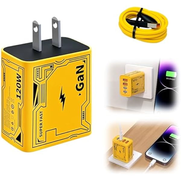 wonima11 2025 New 2 in 1 Fast Charger, 120w Fast Charger Module with 2 Type-C/2 USB Ports and 1M Type-C Cable, Fast Charging Adapter Phone Chargers Wall Plug for Phone, Tablet, Laptops (1Pcs)