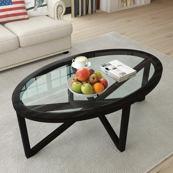 Holaki 46" Round Glass Coffee Table, Black Circle Coffee Table with Tempered Glass Top and Solid Wood Base, Modern & Simple Center Table for Living Room, Office & Apartment