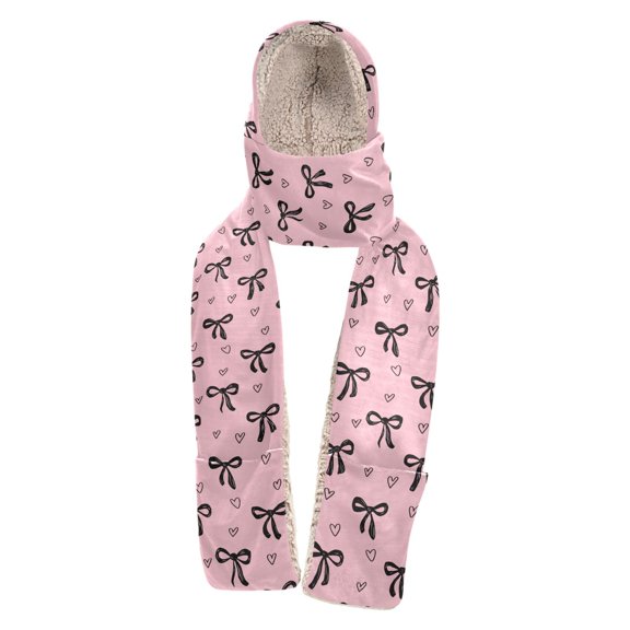 BZSMCE 3‑in‑1 Hooded Scarf with Pockets Soft Plush Lined Winter Hat Scarf Gloves Combo Black Bow Heart Print Warm Neck Wrap for Outdoor Skiing Walking