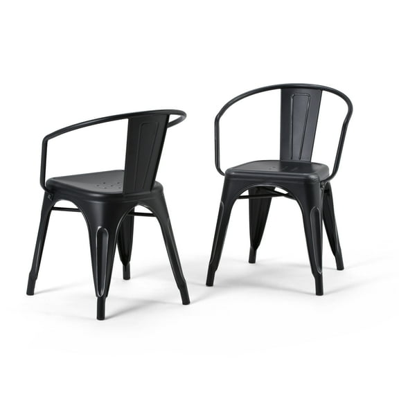 Simpli Home Larkin Metal Dining Arm Chair (Set of 2) in Distressed Black, Silver