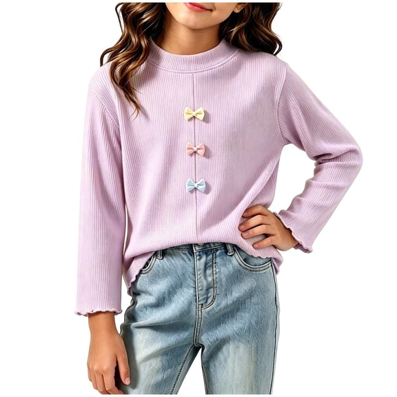 BLVB Toddler Baby Girls Long Sleeve Tops Ribbed Knit Crewneck Lettuce Trim Blouses Cute Bow Basic Shirts Pullover(Purple,1-2 Years)