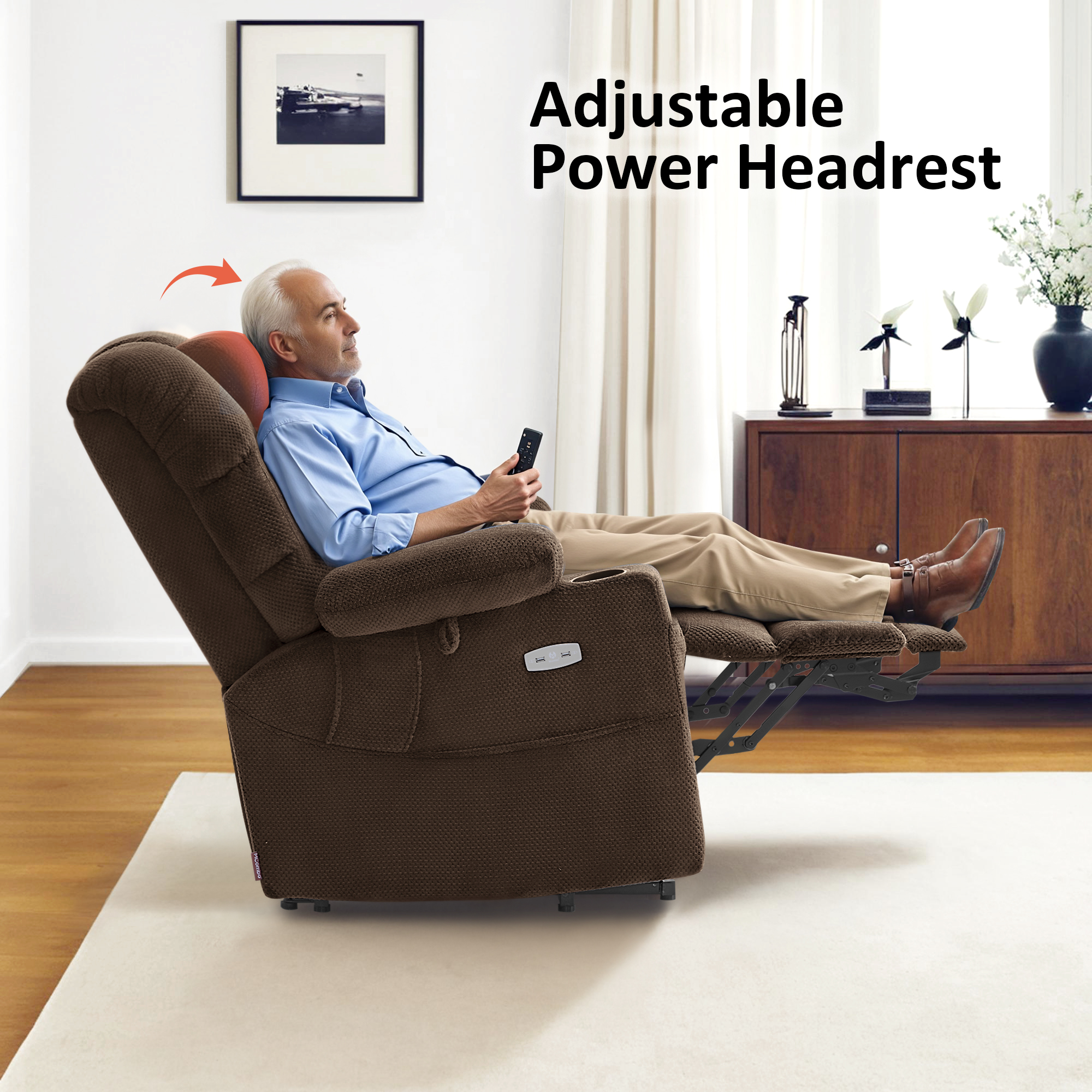 MCombo Triple Motor Power Lift Recliner for Elderly, Sleep Recliner Sofa with Adjustable Headrest, Fabric, Coffee