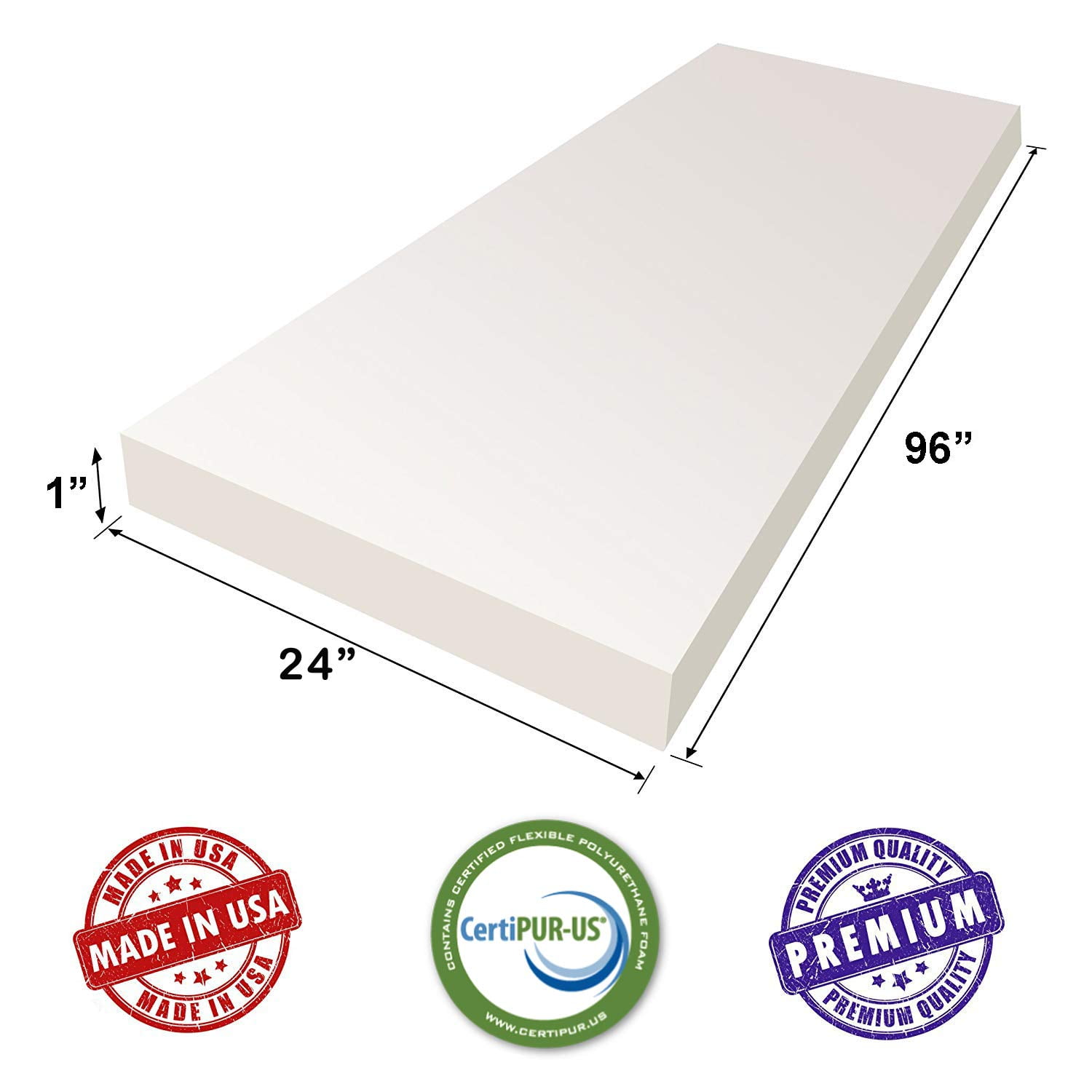 AK TRADING CO. CertiPUR-US Certified Upholstery Foam Cushion (Upholstery Sheet, Foam Padding, Seat Replacement) - 1" H X 24" W X 96" L