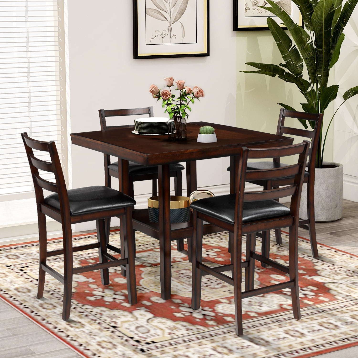 EUROCO 5-Piece Counter Height Dining Set, Wooden Dining Set with Padded