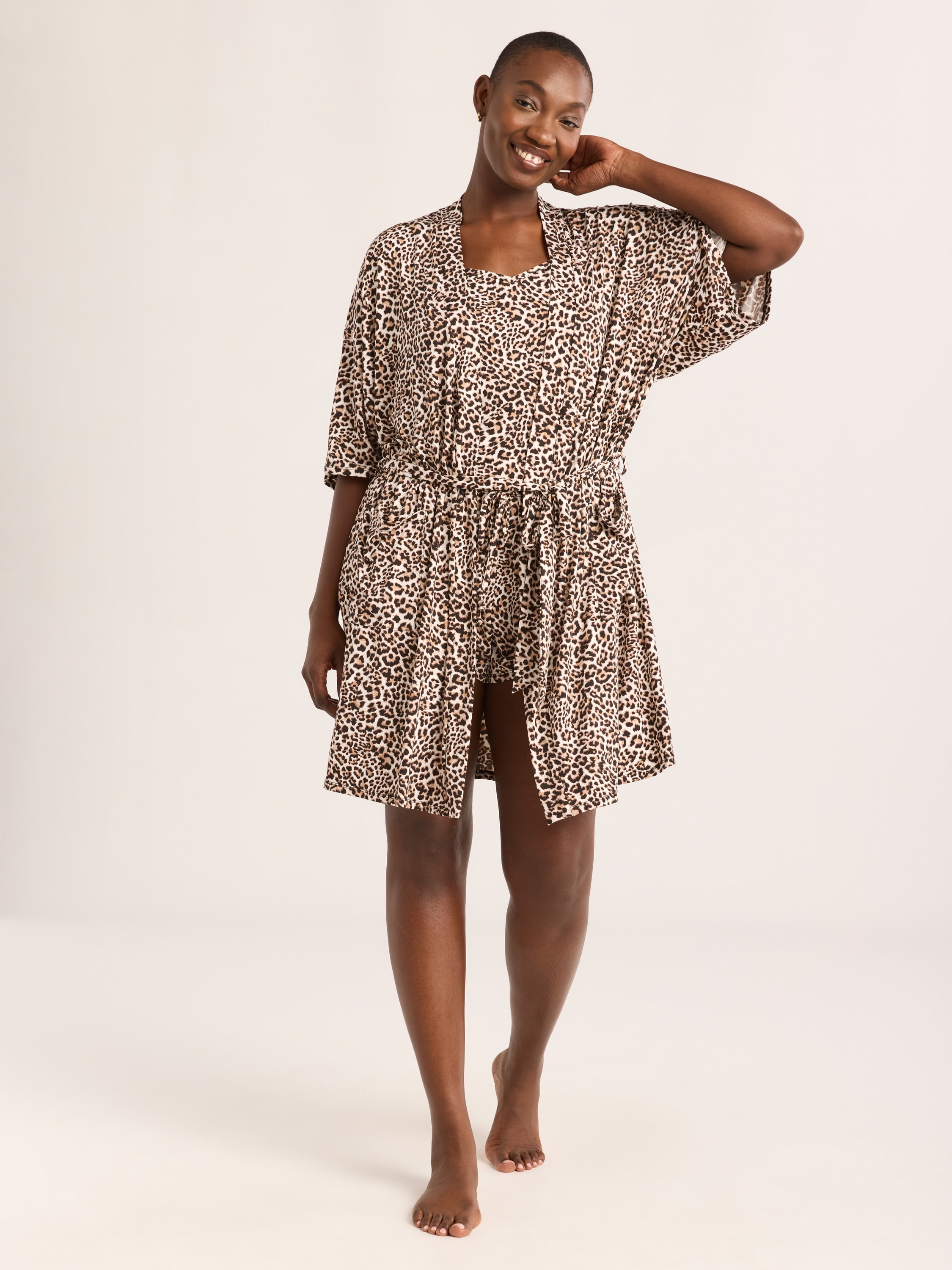 Joyspun Women’s Cami, Shorts, and Robe Travel Pajama Set, 3-Piece, Sizes S-3X