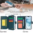 thumbnail image 2 of Wallet Case Compatible with iPhone 12 Mini Zipper Luxury ID Cash Credit Card Slots Holder Crossbody Lanyard Folio PU Leather Cover [Detachable Magnetic Hard Case] with Strap, Green, 2 of 16