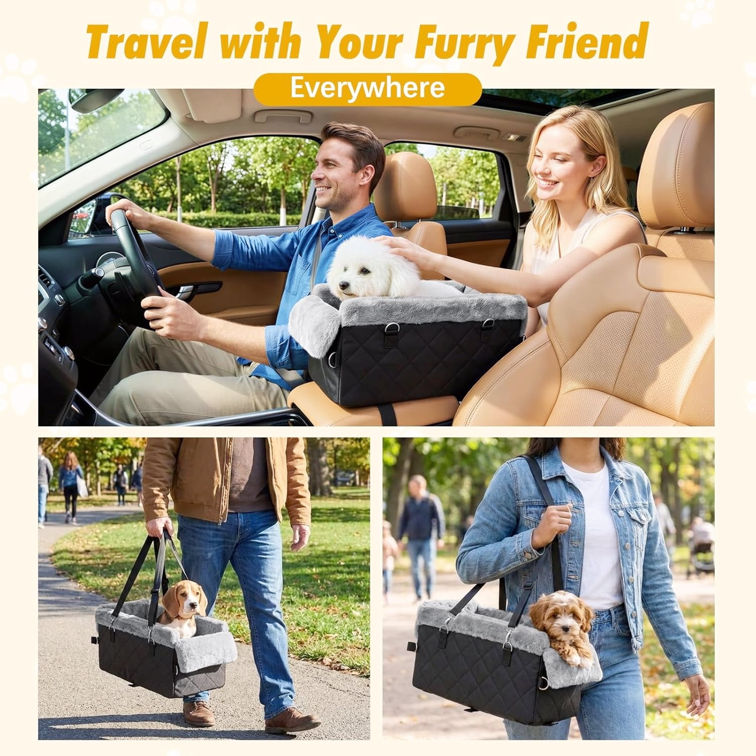 Soft Plush Black Car Seat for Small Dogs Under 12 LBS Safe Comfortable Travel