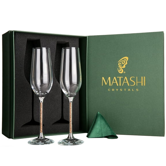 (Set of 2) Matashi 8 oz. Crystal Champagne Glasses Flutes with Gold Colored Crystals Filled Stems