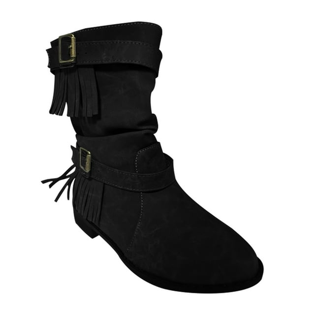 Kyusrd Bottes Mi-Mollet pour Femmes Bottes Mi-Hautes Grande Taille avec Boucle à Franges Tête Ronde Bottes Plates