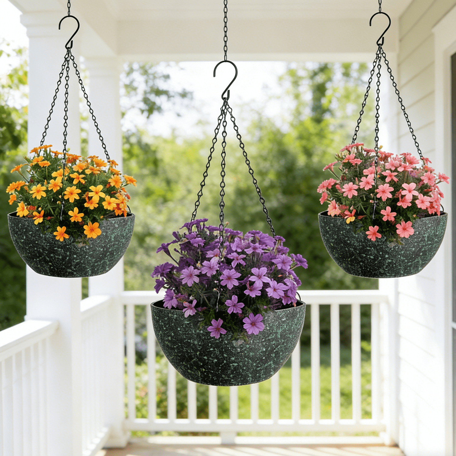 3 Pack Hanging Planters for Indoor Outdoor Plants, LAIJAUR 9 Inch Flower Pots with Drainage Holes and Chains, Plastic Hanging Baskets with S-Hooks for Home and Garden Decor, Dark Green