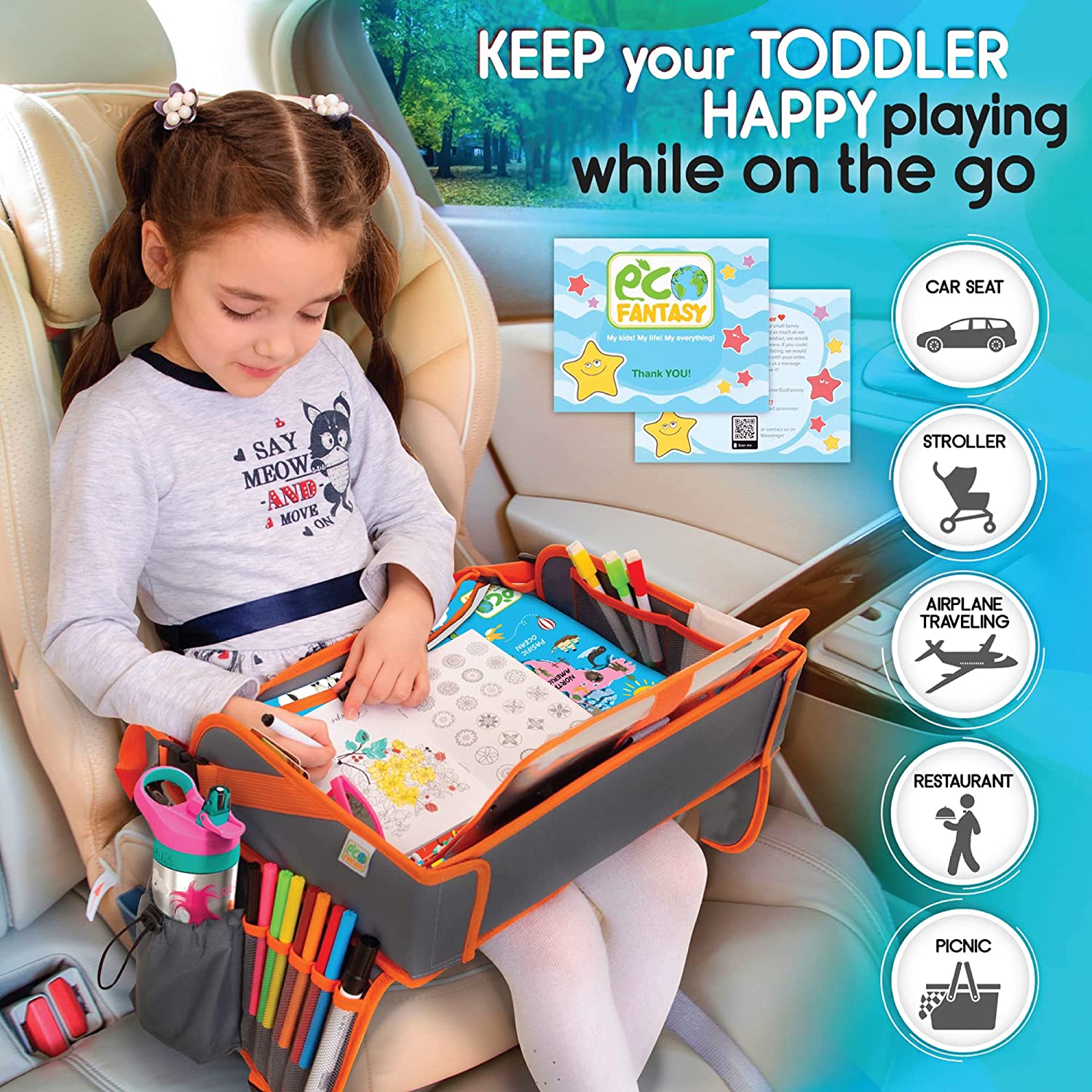US Map Kids Car Seat Travel Tray Carseat Organizer w/Dry Erase Board  Large Tablet  Cup Holder Waterproof Food  Snack Kids Lap Tray Table  Road Trip Activities