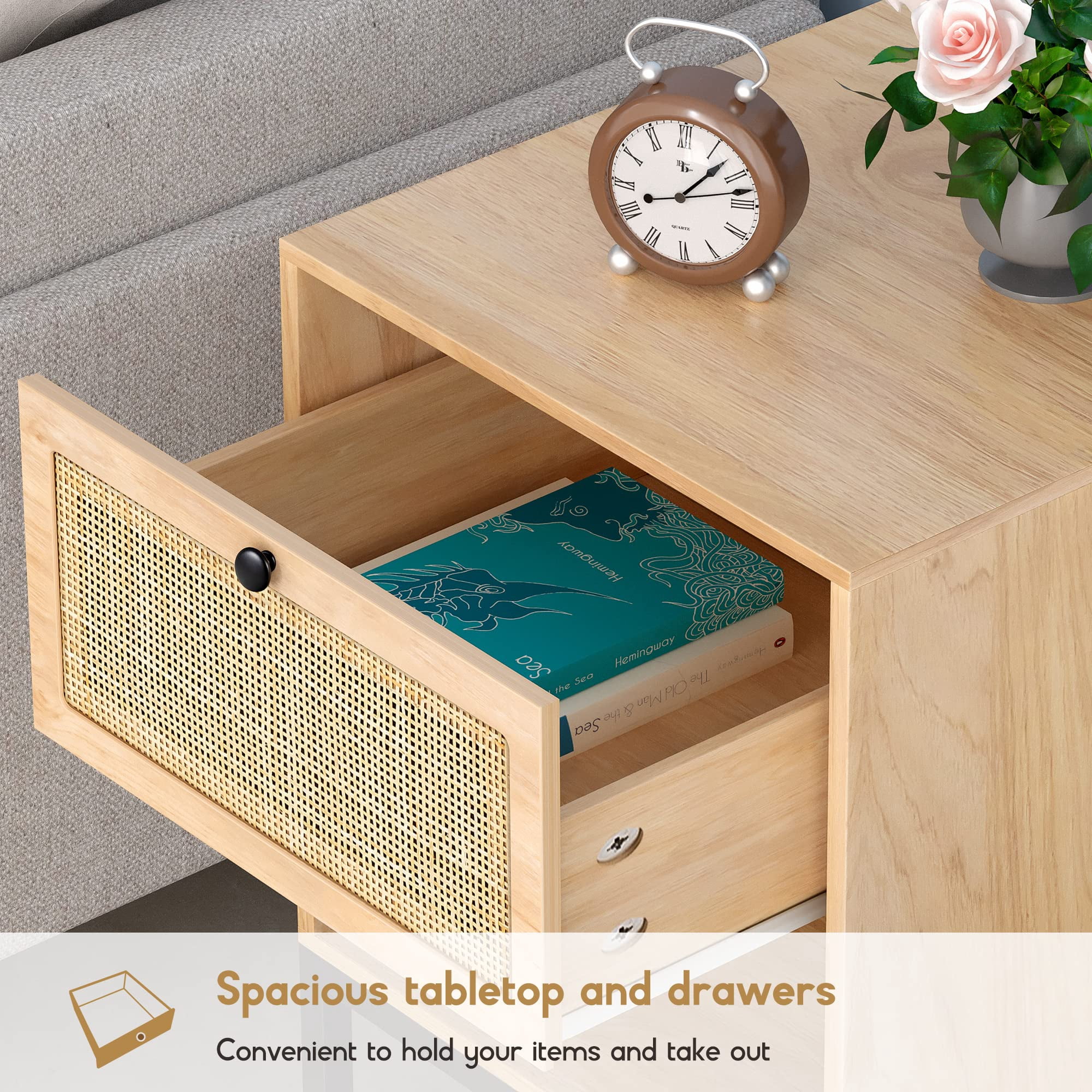 Brafabhome Rattan Nightstands with Drawer, Modern Bedside Tables with Open Storage Shelf for Bedroom, Accent Sofa End Table with Steel Legs for Living Room, Set of 2 | Nature