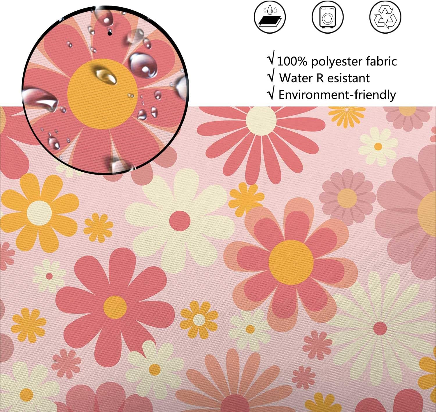 Cute Flower Shower Curtain, Vintage Hippie Funky 70s Sun Flowers Shower Curtains for Bathroom Decor, Pastel Pink Flora Groovy Boho Aesthetic Girls Shower Curtain with 12 Hooks, 72X72in