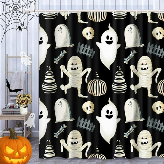 Halloween Shower Curtain, Black Cute Ghost Pumpkins Mummy Bath Curtain for Bathroom Decor Waterproof Polyester Fabric 72 x 72 Inches Set with Hooks